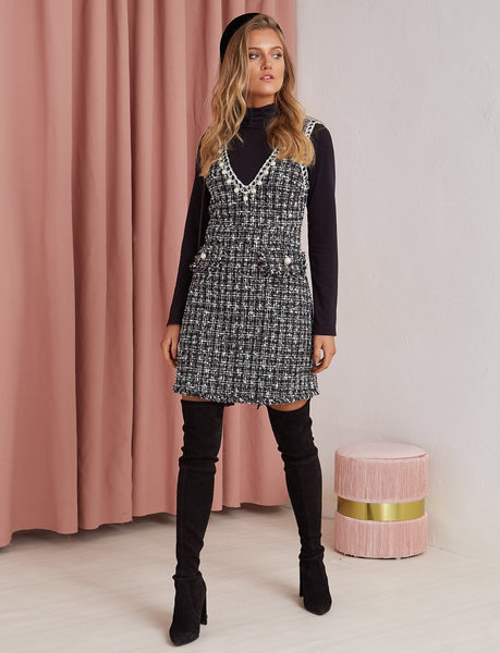 Queen B Sleeveless Tweed Mini Dress Black - Fordi