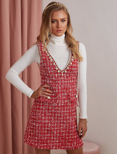 Hansel and Gretel Sleeveless Tweed Mini Dress Red - Fordi